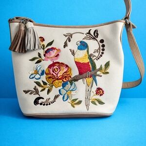 Sharif Cream Crossbody Bag with Colorful Parrot Embroidery